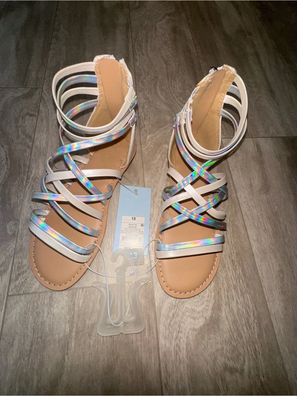 Girls Holographic Strappy Gladiator Sandals - Iridescent White